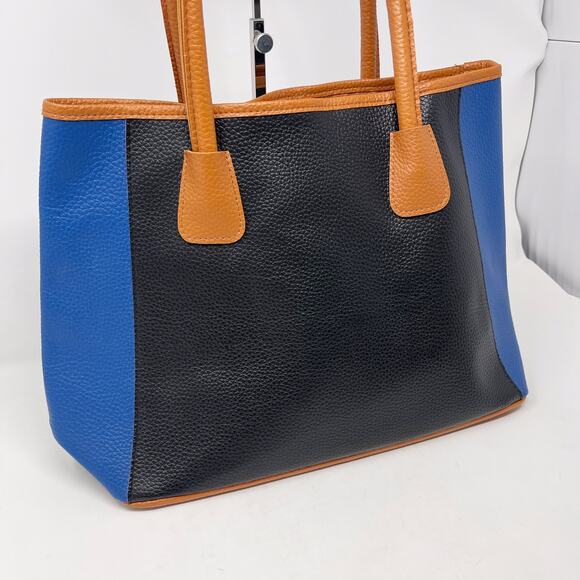 Neiman Marcus Blue Black Tan Faux Leather Colorblock Stripe Tote Bag Purse - Picture 5 of 13